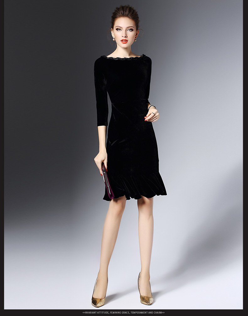 SZ60039 Black Velvet Flounce Bateau Boat Neck Midi Dress